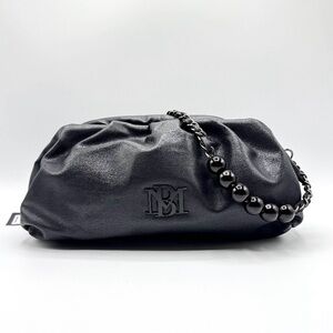 Badgley Mischka Black Ruched Vegan Leather Clutch with Gunmetal-tone Chain Logo